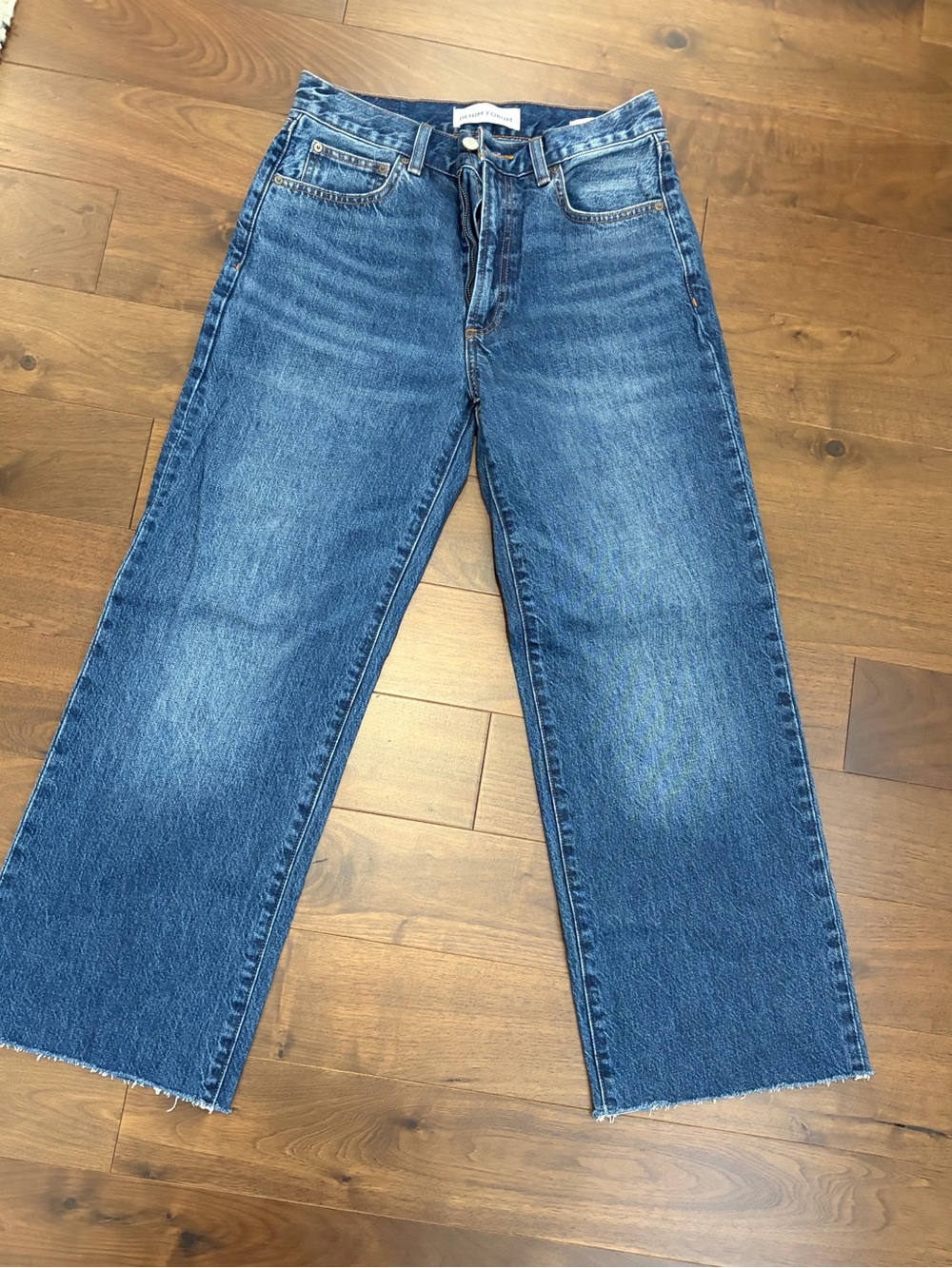 Denim Forum Men’s Straight Jeans in Medium Blue Wash, cropped
